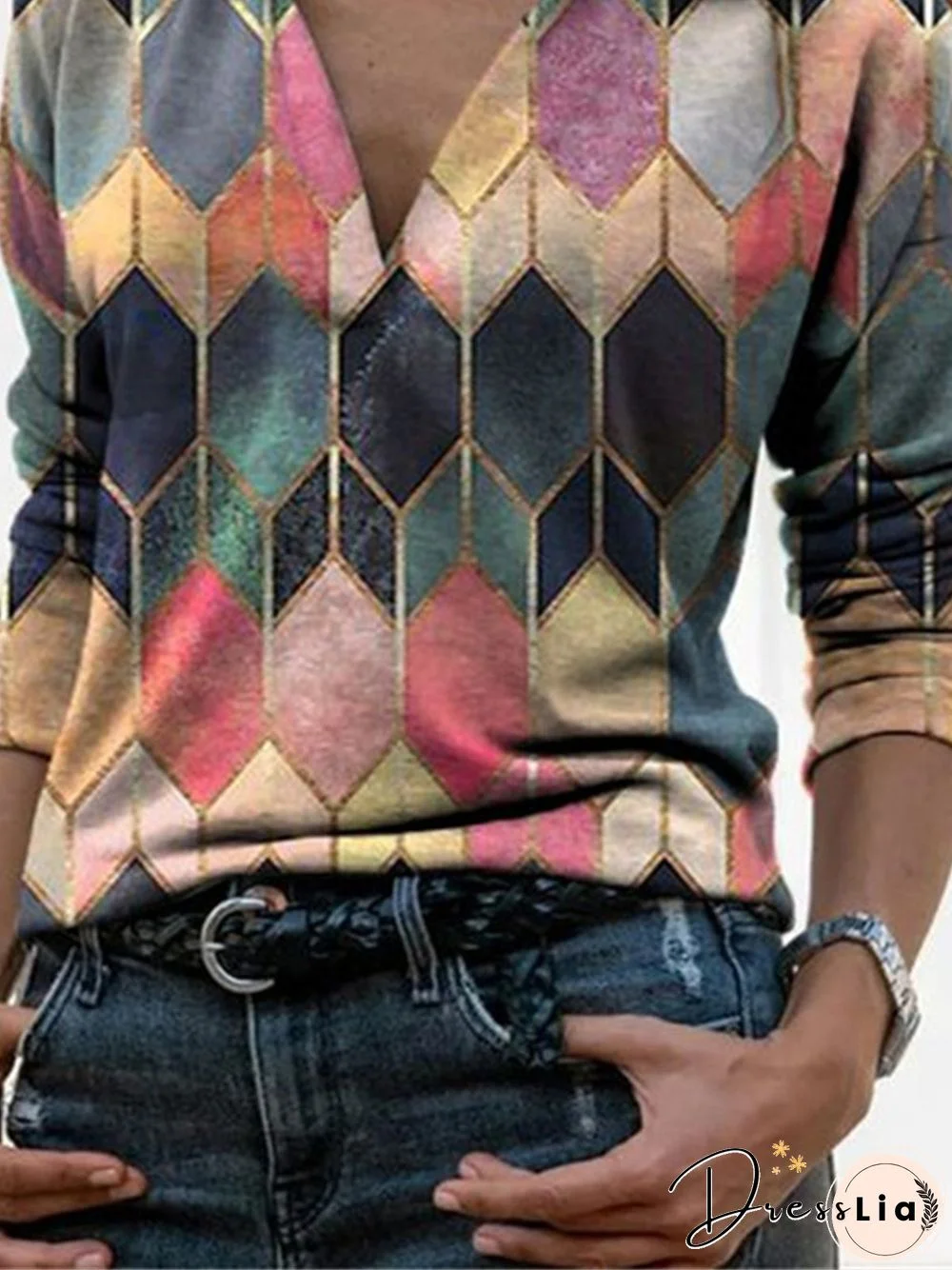 Color-Block Long Sleeve Shirt Collar Abstract Blouse