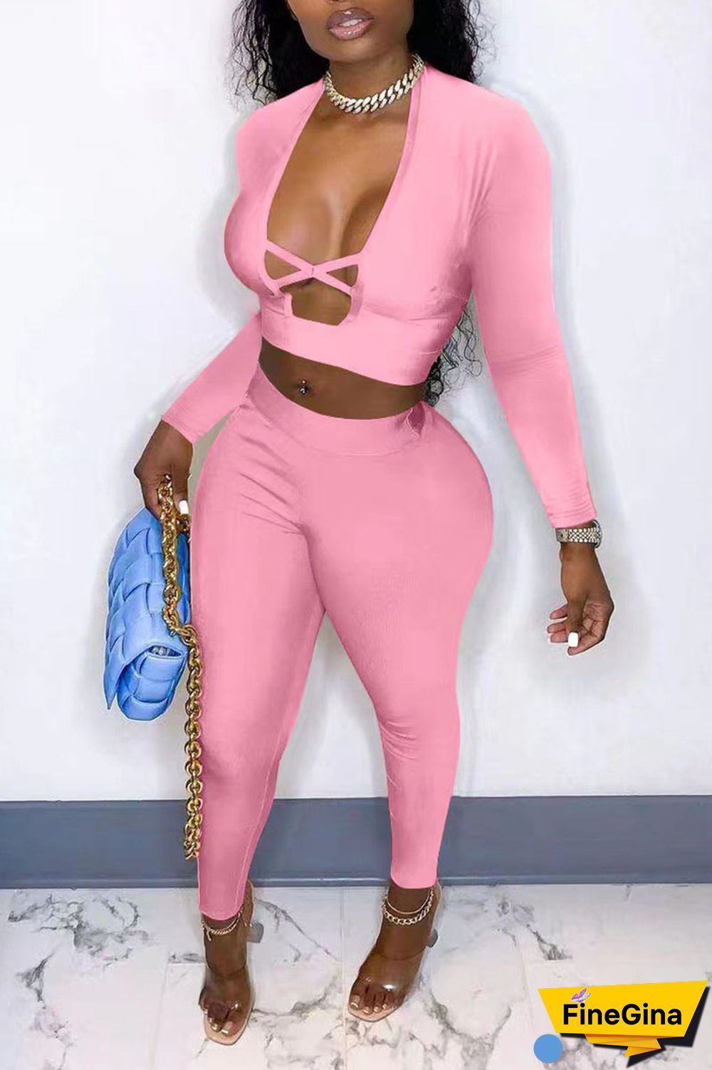 Pink Sexy Solid Patchwork V Neck Long Sleeve Two Pieces