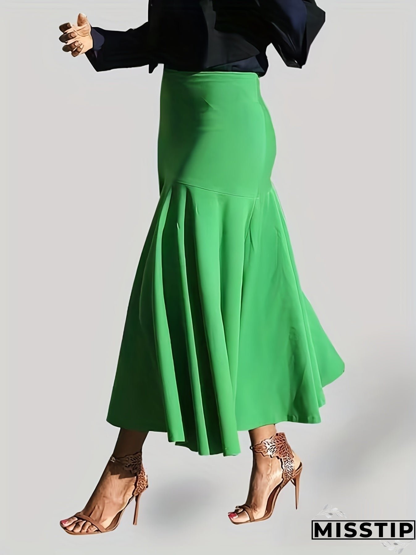 Plus Size Party Skirt, Women's Plus Solid High Rise Non-stretch Maxi Mermaid Skirt