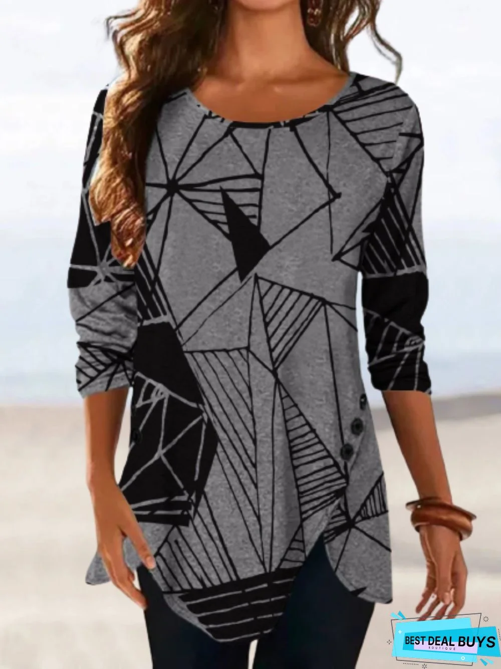 Casual Abstract Long Sleeve Crew Neck Printed Top Tunic T-Shirt