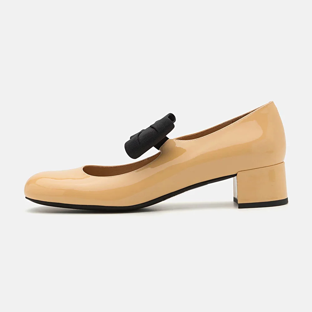 Women's Nude Patent Leather Round Toe Chunky Heel Pumps Shoes with Bow