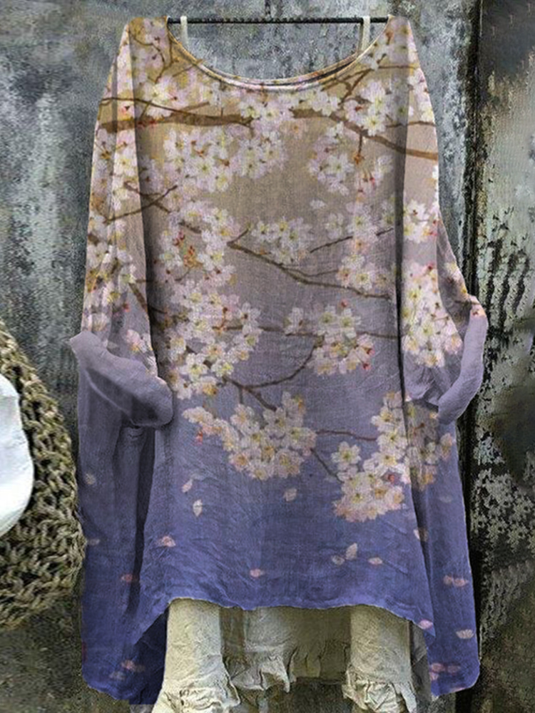 Comstylish Women's Japanese Art Peach Blossom Loose V Neck Casual Shirt