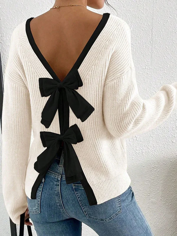 Athvotar Athvotar And Winter New Sweater Women's Fashion Back Bow Decorated Round Collar Knitted Shirt
