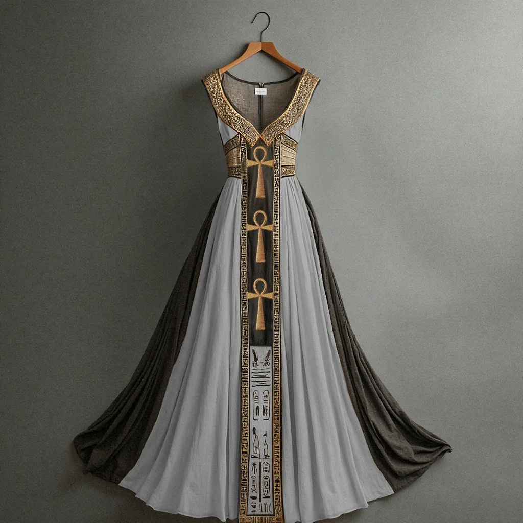 Vintage Ankh Ancient Egyptian Embroidered Women's Linen Maxi Dress