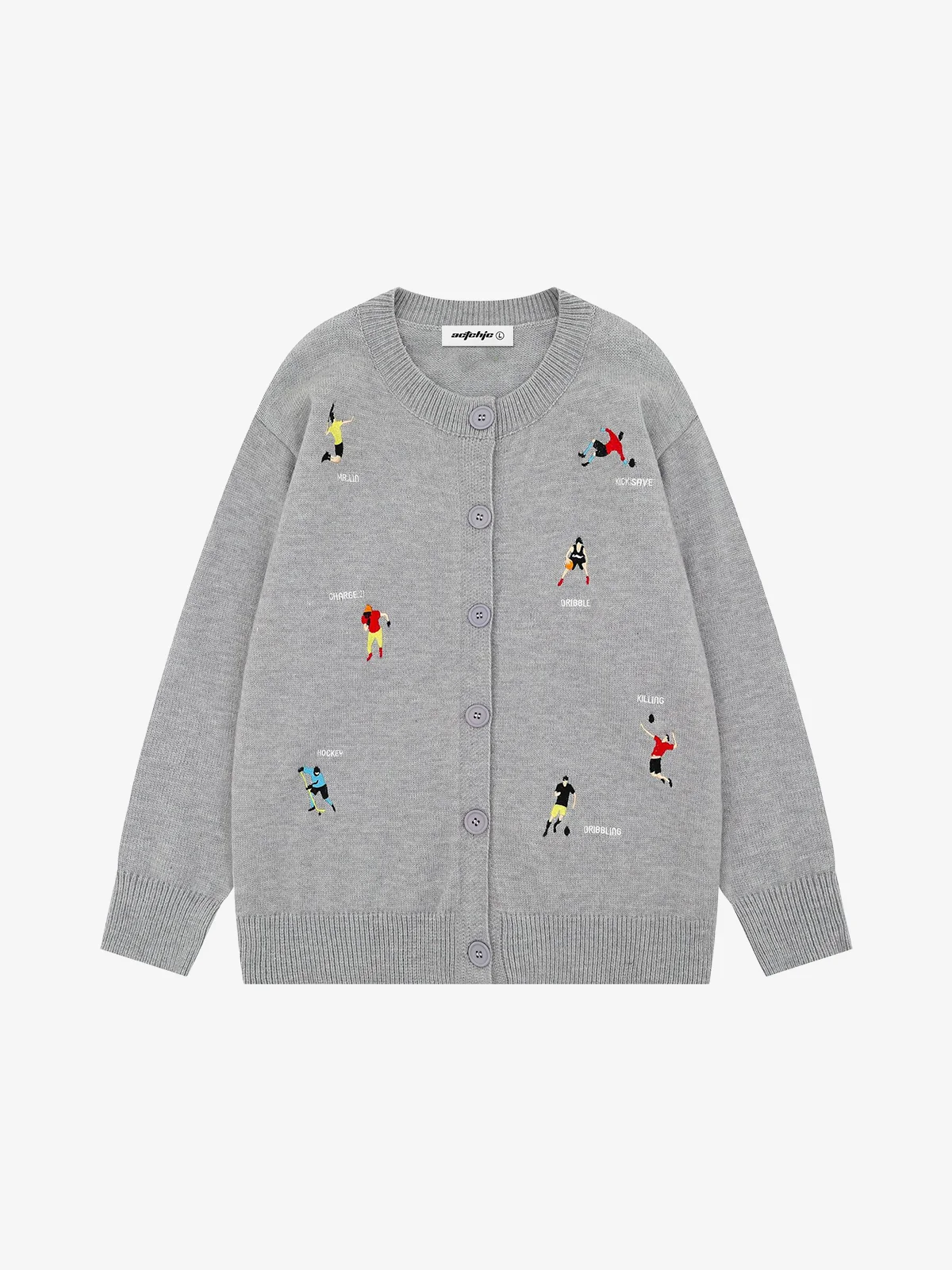Grey Actchic Cartoon Character Embroidered Knit Cardigan Front