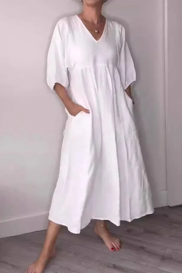Solid V Neck Half Sleeve Linen with Pocket Dress