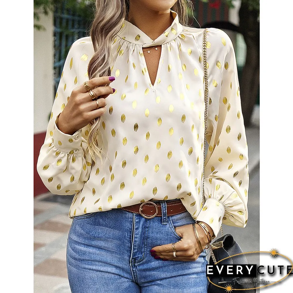 Khaki Notched Neck Pleated Cuffs Long Sleeve Tops