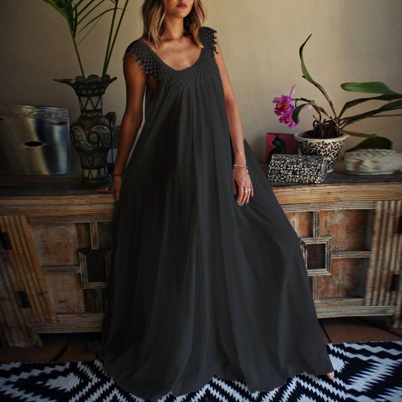 ZANZEA Summer Sexy Elegant Lace Beach Long Maxi Robe Sundress Casual Solid Sleeveless Vestidos Bohemian Women Femme