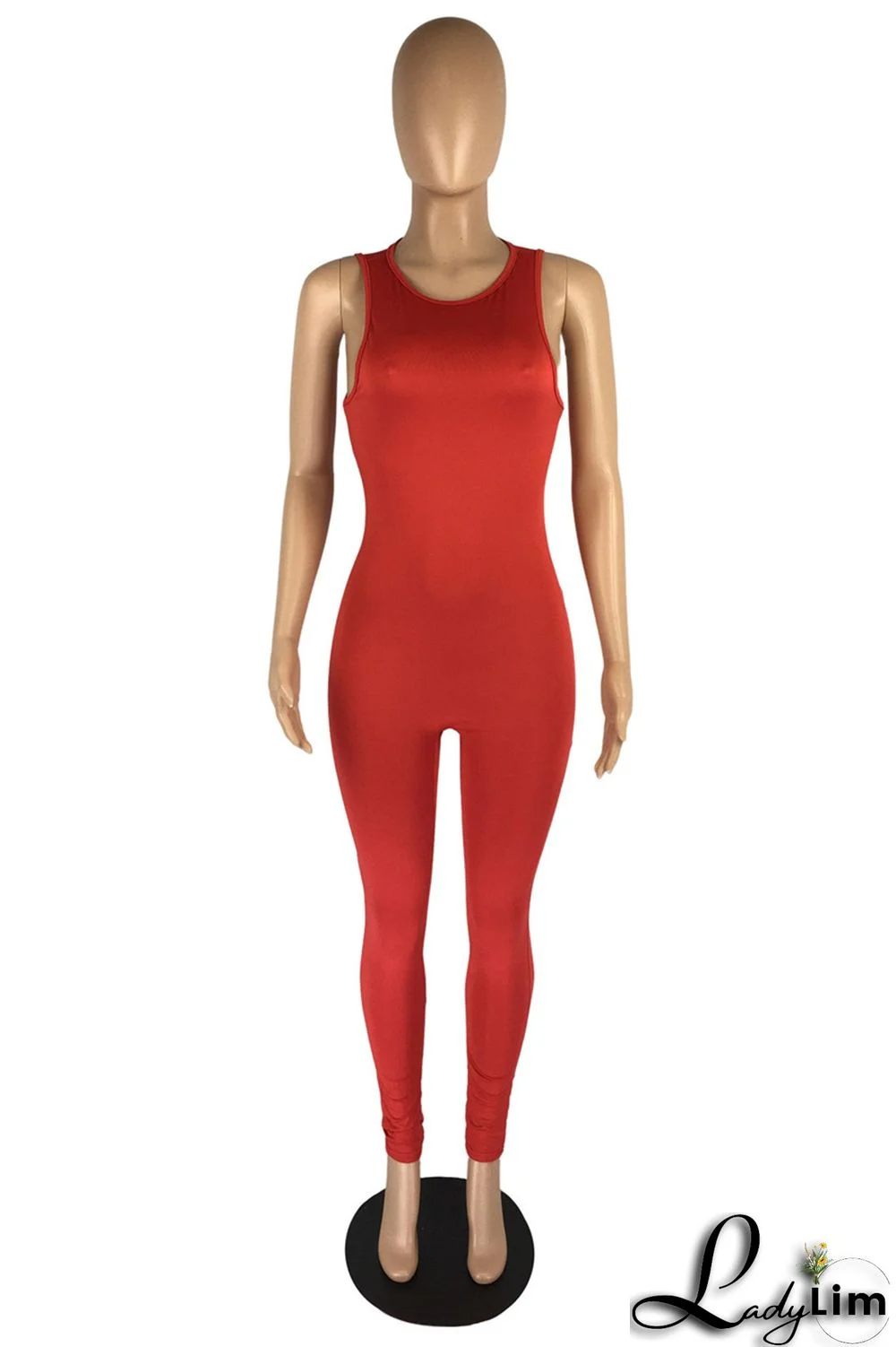Red Fashion Casual Solid Basic O Neck Skinny Jumpsuits