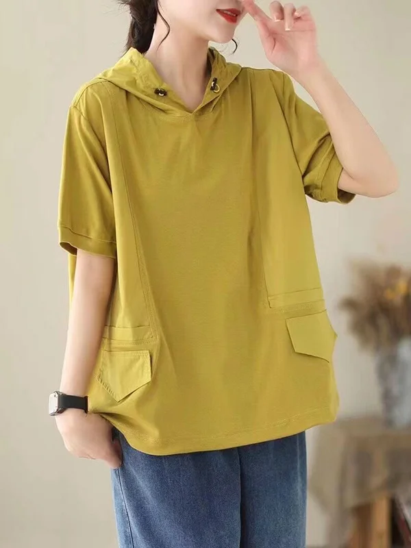 Hooded Loose Drawstring Solid Color Split-Joint Hooded T-Shirts Tops