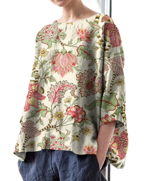 Vintage Floral Print Crew Neck Linen Loose Top