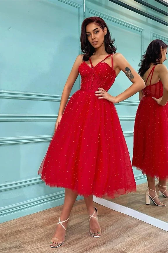 Miabel Spaghetti-Straps Red Pearls Tulle Prom Dress On Sale