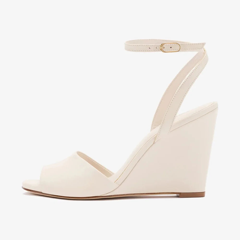 Ivory Open Round Toe Buckled Ankle Strap Wedge Sandals for Women