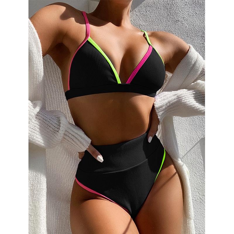 2021 Black Bikini Set High Waist Swimsuit Women Push Up Bikini Sexy Swimwear Halter Bandage Bathing Suit Solid Biquini