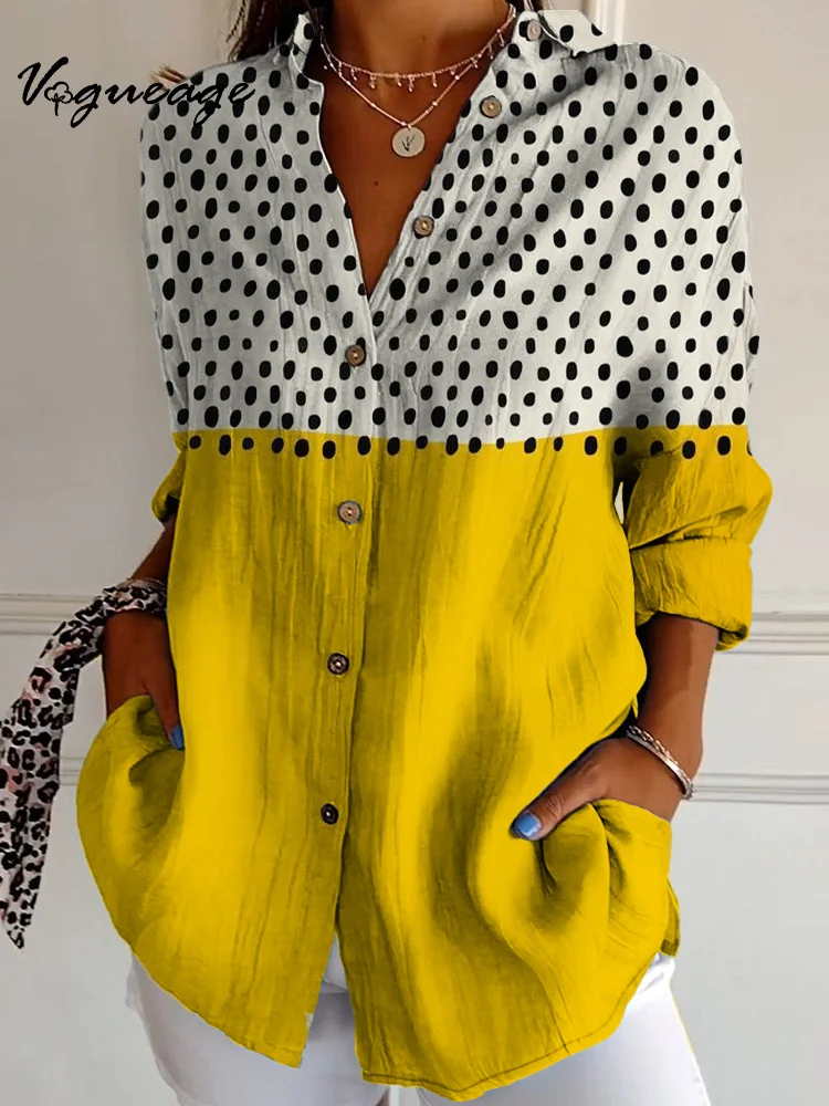 Gentle And Elegant Black Spots And Bright Yellow Stitching Long Sleeves Printed Cotton And Linen Shirt