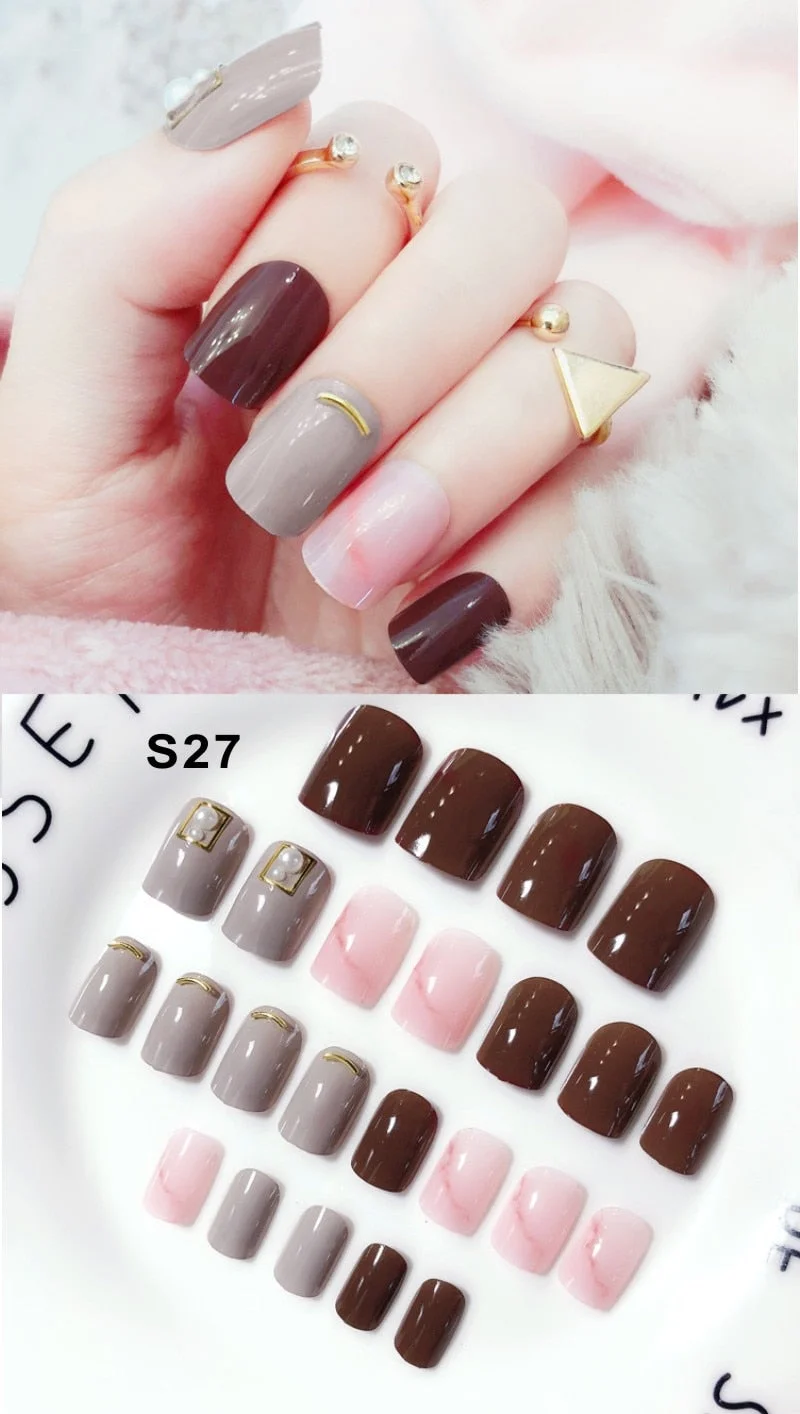 24pcs/Set Fashion Black Red Rivet False Nails Strip Rivet Design Coffin Finished Full Cover Artificial Fake Nails Manicure Tools-Nail Inspo