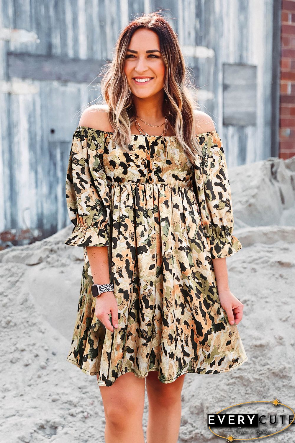 Multicolor Abstract Print Shirred Half Sleeve Square Neck Mini Dress