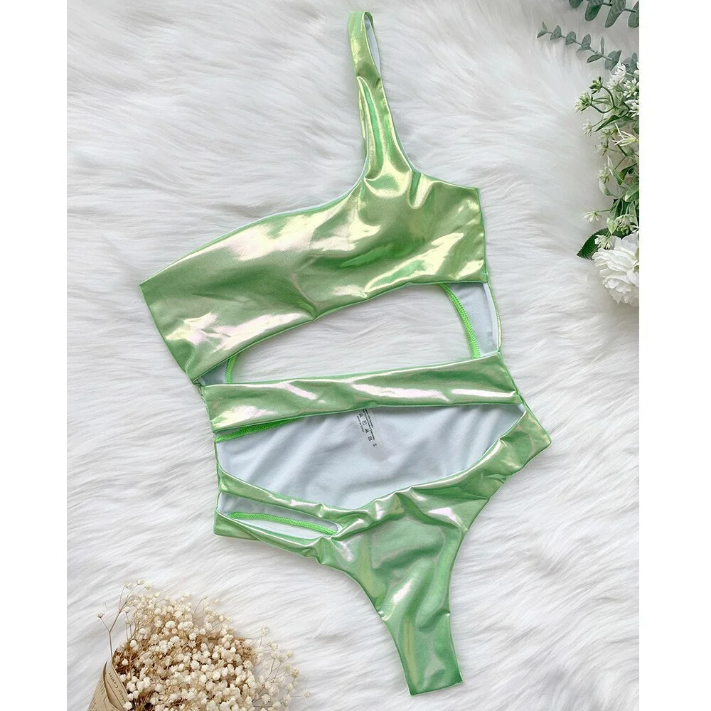 One Piece Swimsuit Female 2021 Hot Stamping Swimwear Women One Shoulder Hollow Out Swimsuit Monokini Bathing Suit Beachwear Swim