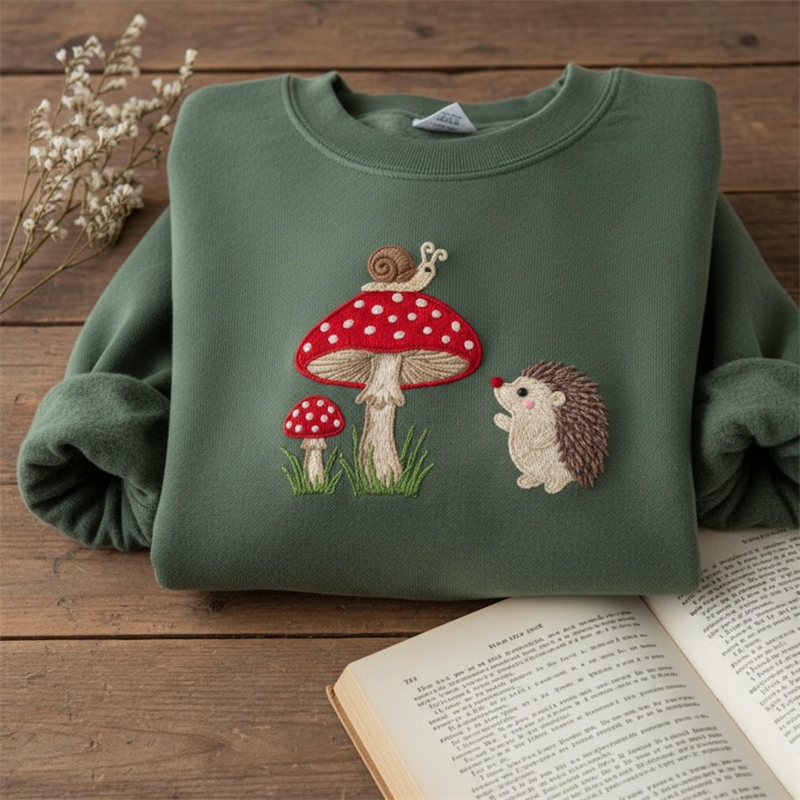 Embroidered Hedgehog Snail Mushroom Sweatshirt wearshes