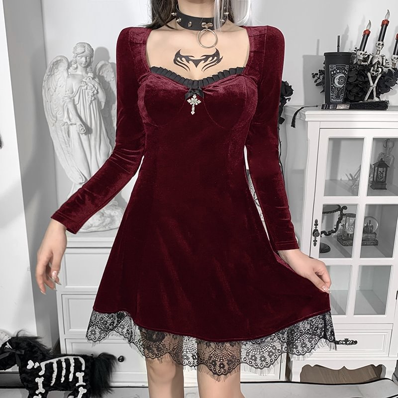   Velvet Lace Square Neck Fashion Long Sleeve Dress - Neojana