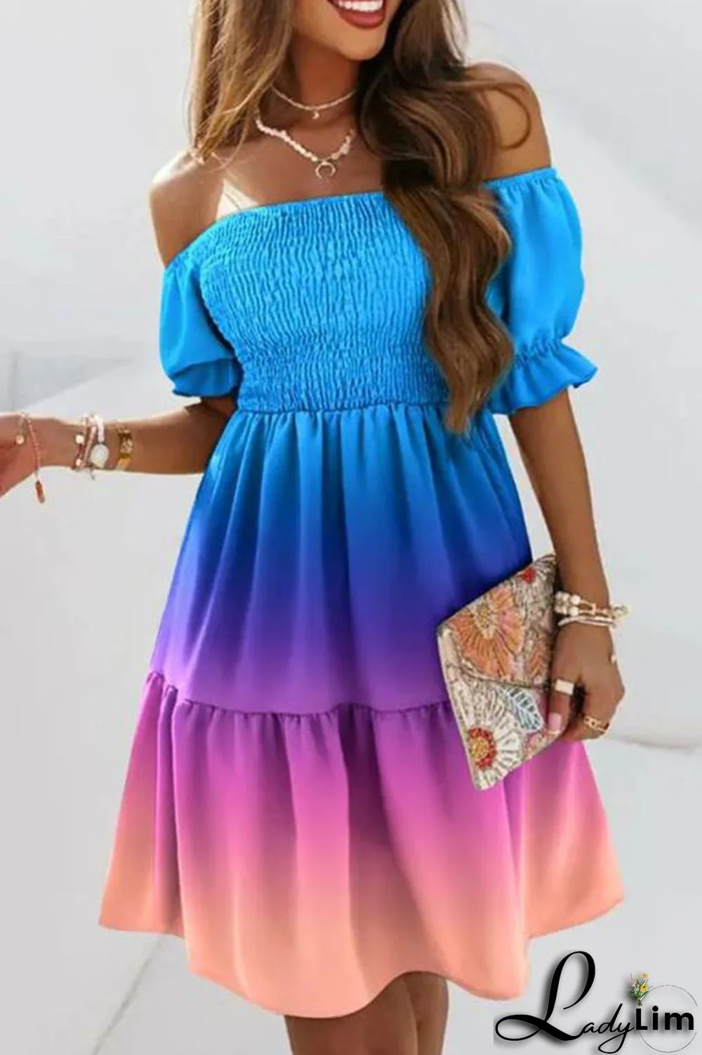 Blue White Fashion Sweet Print Patchwork Fold Off the Shoulder A Line Dresses