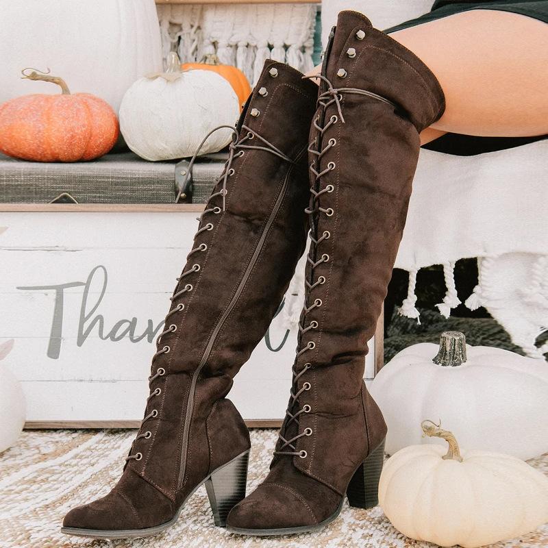 Women faux suede over the knee front lace chunky block heel boots | Winter thigh high boots