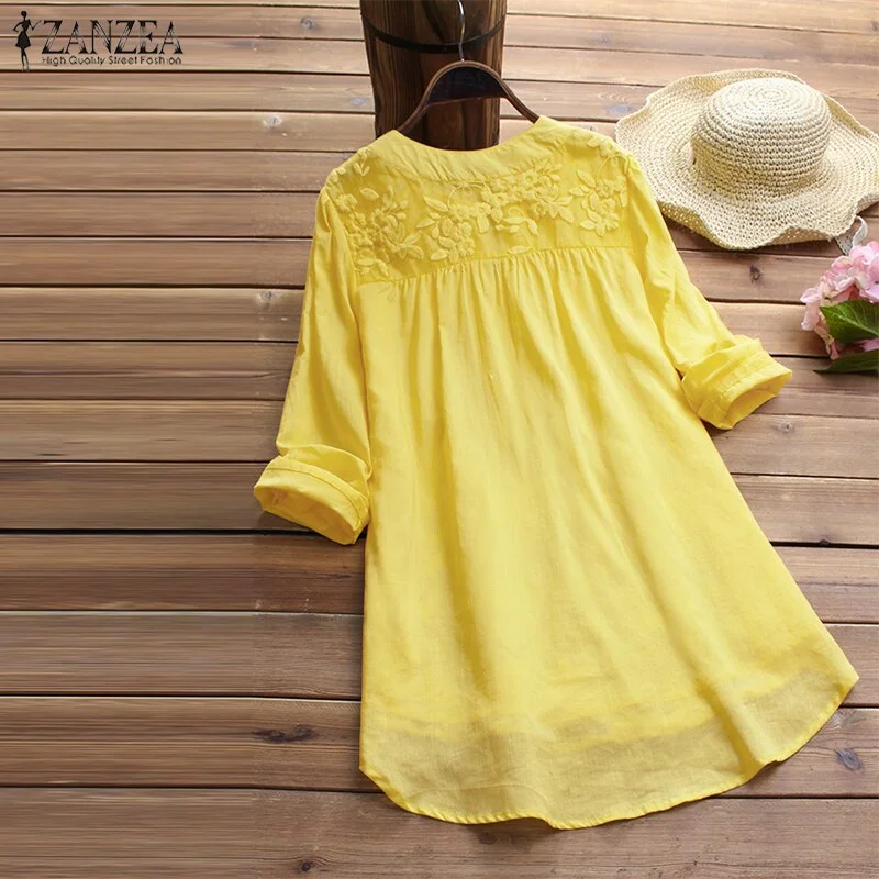 2022 ZANZEA Cotton Linen Tops Women Blouse Elegant V Neck Long Sleeve Shirt Casual Autumn Lace Shirts Vintage Embroidery Blusas