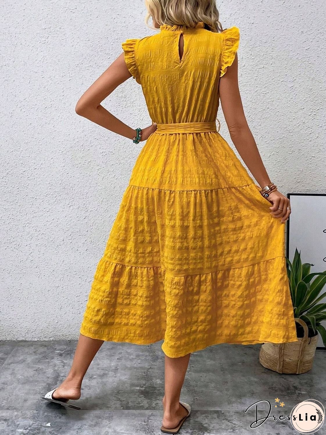 Tied Ruffled Cap Sleeve Midi Dress