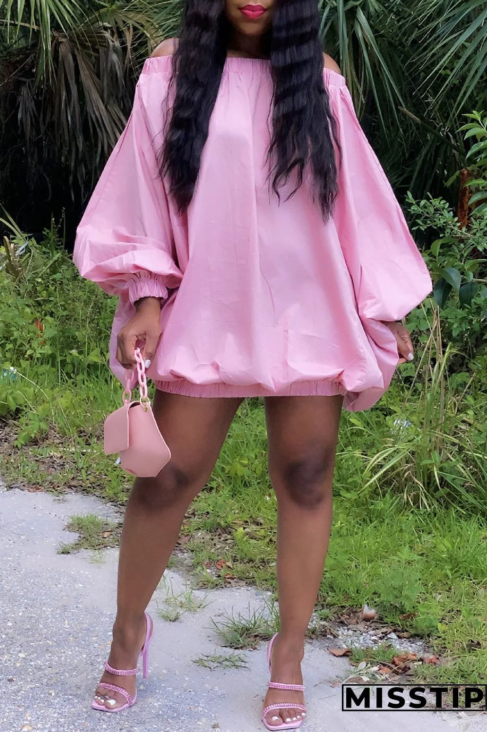 Pink Sexy Casual Solid Backless Off the Shoulder Long Sleeve Dresses
