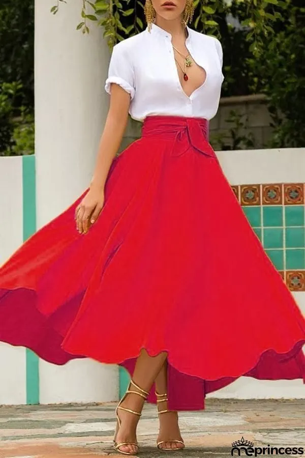 High Waist Pockets Bow Tie Skirts
