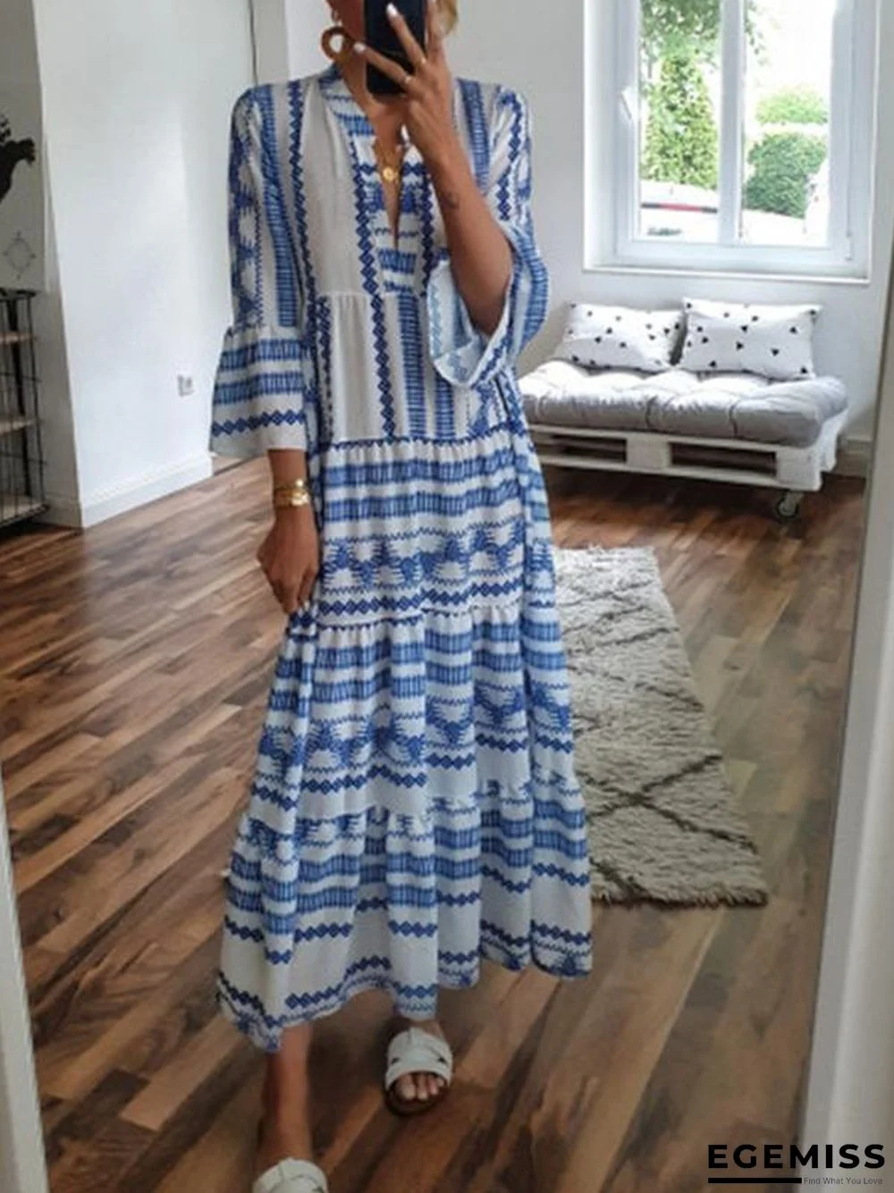 Blue Boho Printed V-Neck 3/4 Sleeve Loose Maxi Dress | EGEMISS