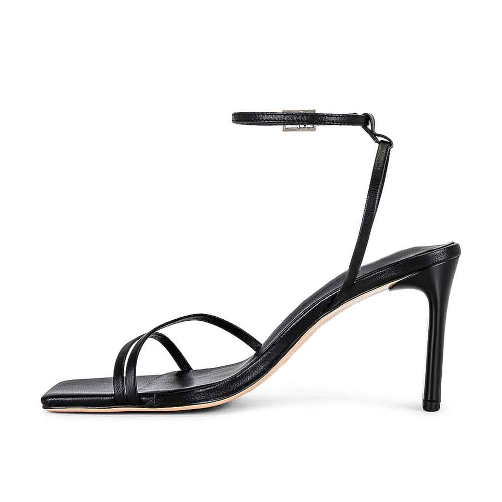 Black Vegan Leather Square Toe 3'' Stiletto Heel Ankle Strap Sandals Nicepairs