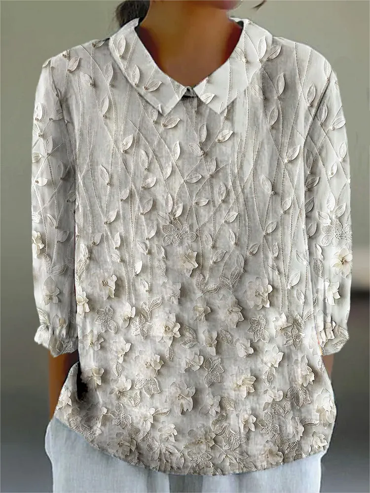 Women's Retro Pattern Art Print Casual Cotton And Linen 3/4 Sleeve Shirt