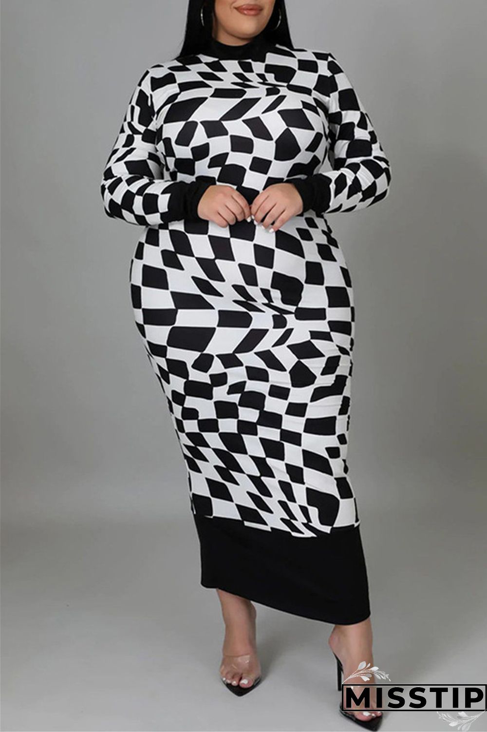 Yellow Casual Plaid Print Patchwork Half A Turtleneck Long Sleeve Plus Size Dresses