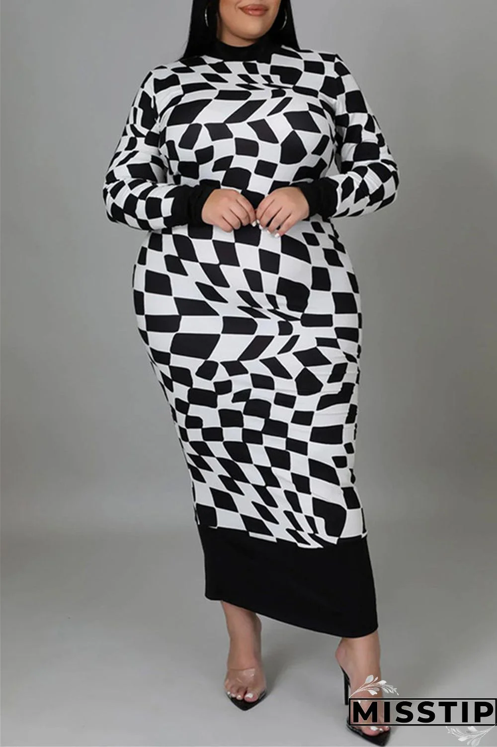 Yellow Casual Plaid Print Patchwork Half A Turtleneck Long Sleeve Plus Size Dresses