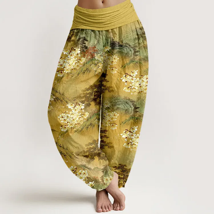 Cotton Bohemian Watercolor Floral Pattern Women's Elastic Waist Harem Pants