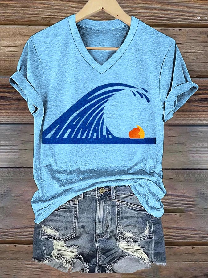 Women's Blue Wave Print V-Neck T-Shirt