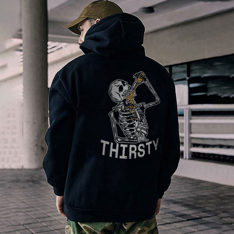 THIRSTY Alcohol Intake Skeleton Funny Casual Graphic Black Print Hoodie