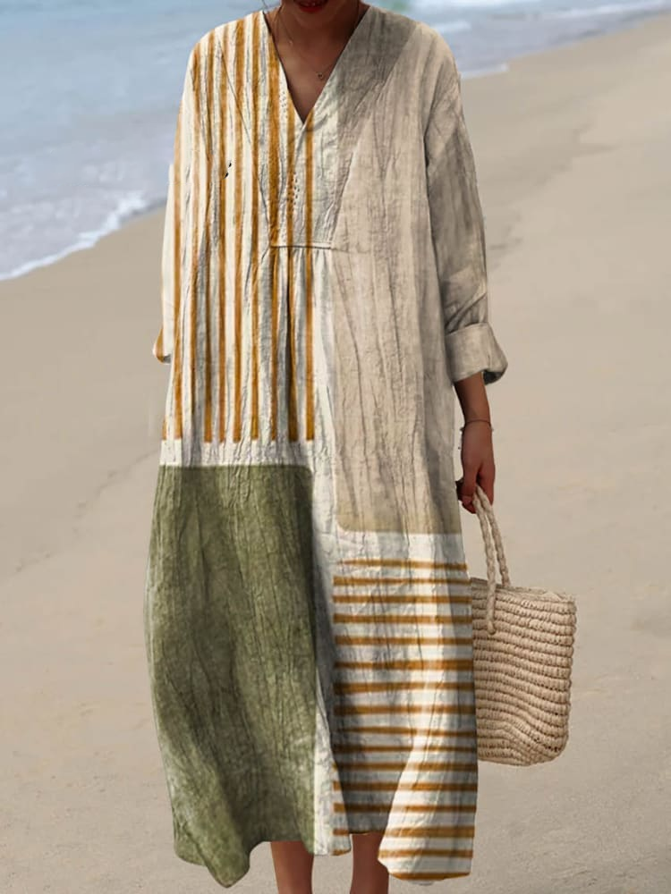 Womens Elegant  Modern Art Geometric Pattern Casual Cotton And Linen Dress