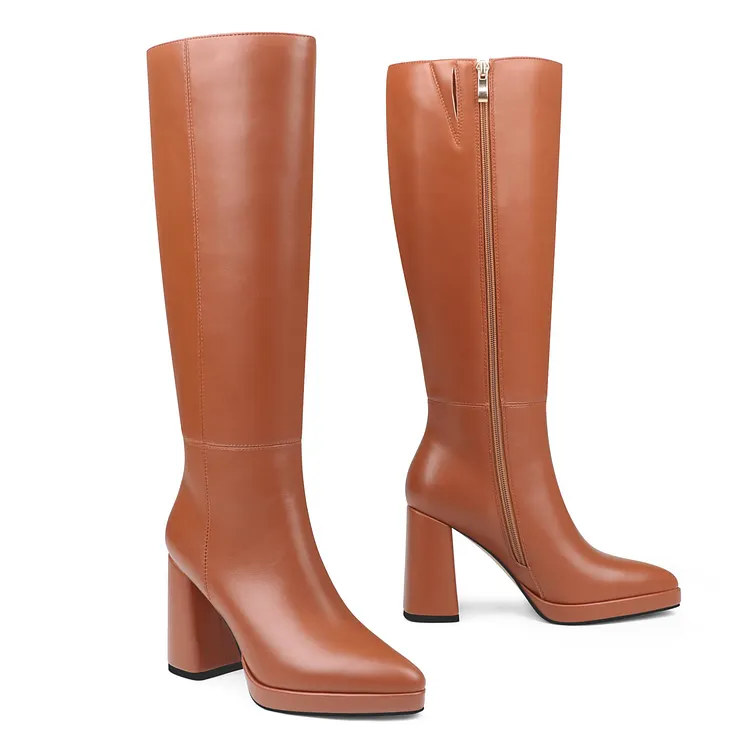 Women's Square-Toe Knee-High Boots with Platform and Block Heels VOCOSI VOCOSI