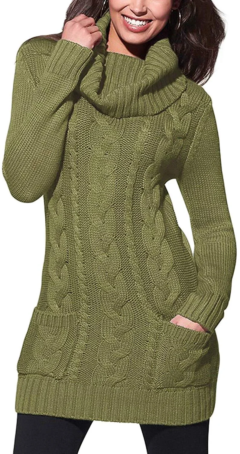 Womens Turtleneck Long Sleeve Elasticity Chunky Cable Knit Pullover Sweaters Jumper