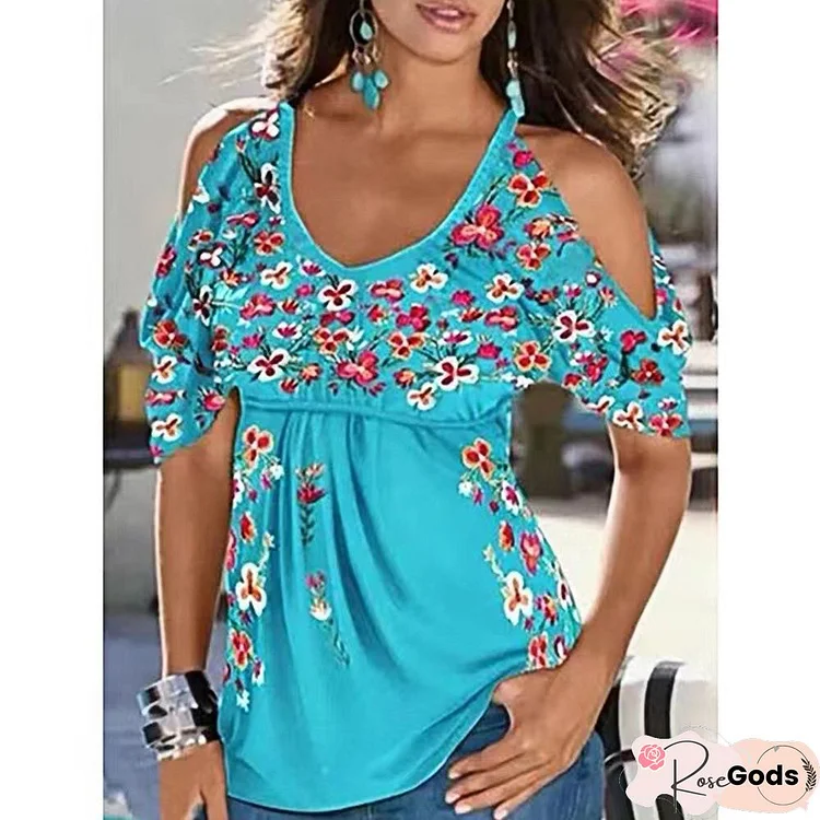 Boho Printed V Neck Off Shoulder Cold Shoulder Cotton Blend Short Sleeve Tunic Top