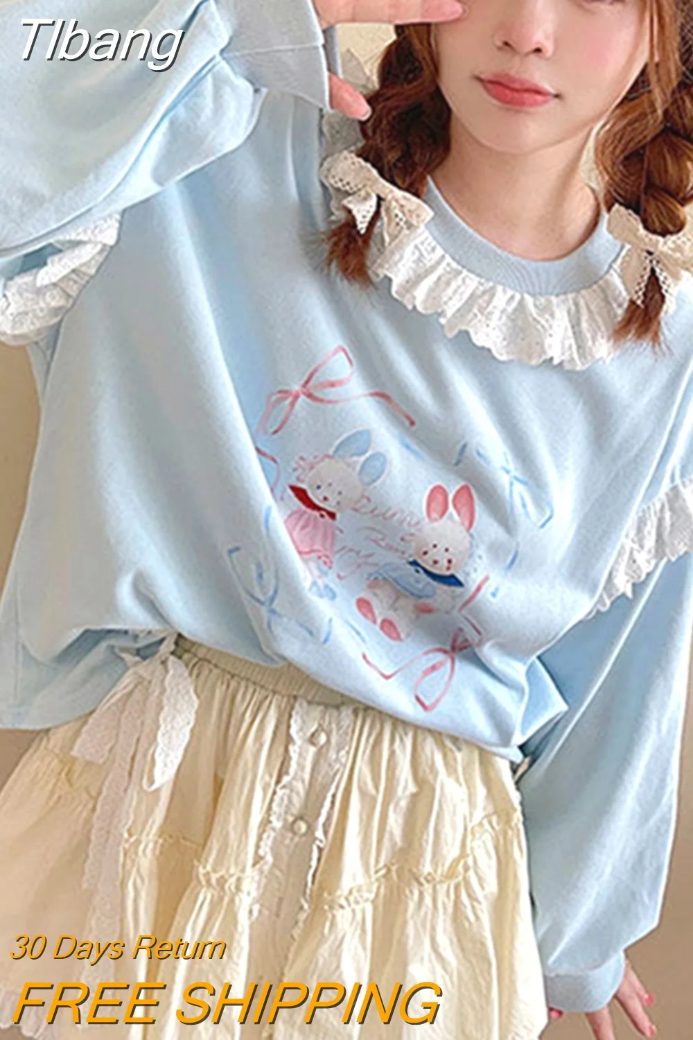 Tlbang Lace Cute Rabbit Cartoon Printed Sweatshirt Loose Oversized Sky Blue Y2K Top Youth Lady Girls Kawaii Clothes Korean Style