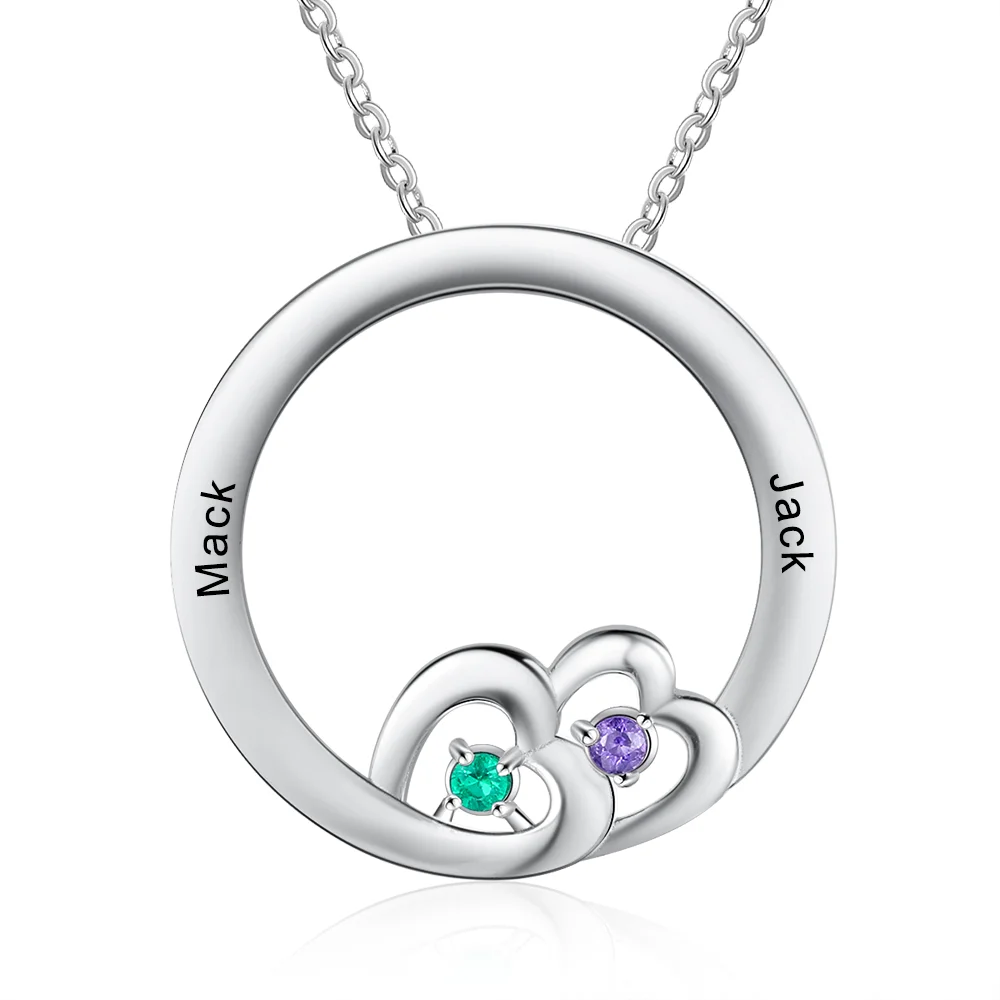 Personalized Round Pendant Necklace Custom 2 Birthstones Heart Necklace