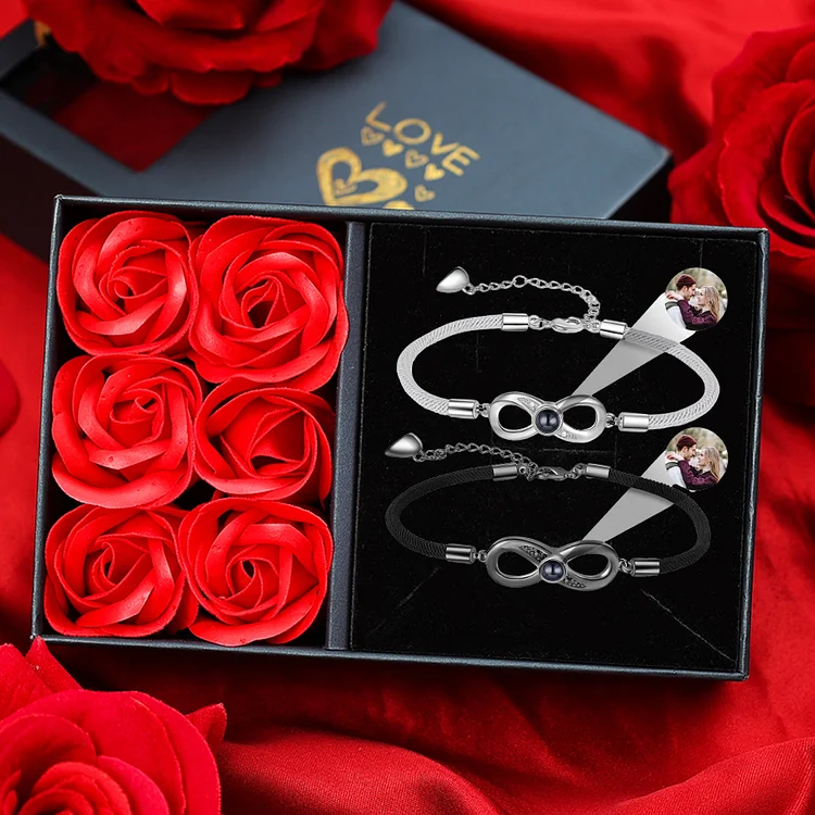 Personalized Magnetic Projection Bracelet Set with Rose Box-Custom Photo Infinity Couple Bracelet Creative Gift for Her/Him