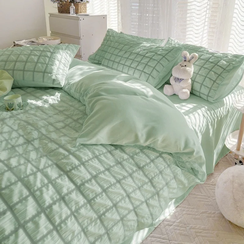 Aonga Korean Princess Bedding Set Solid Color Green Pink Seersucker Kawaii Duvet Cover Flat Sheet Pillowcase for Single Queen Size aonga