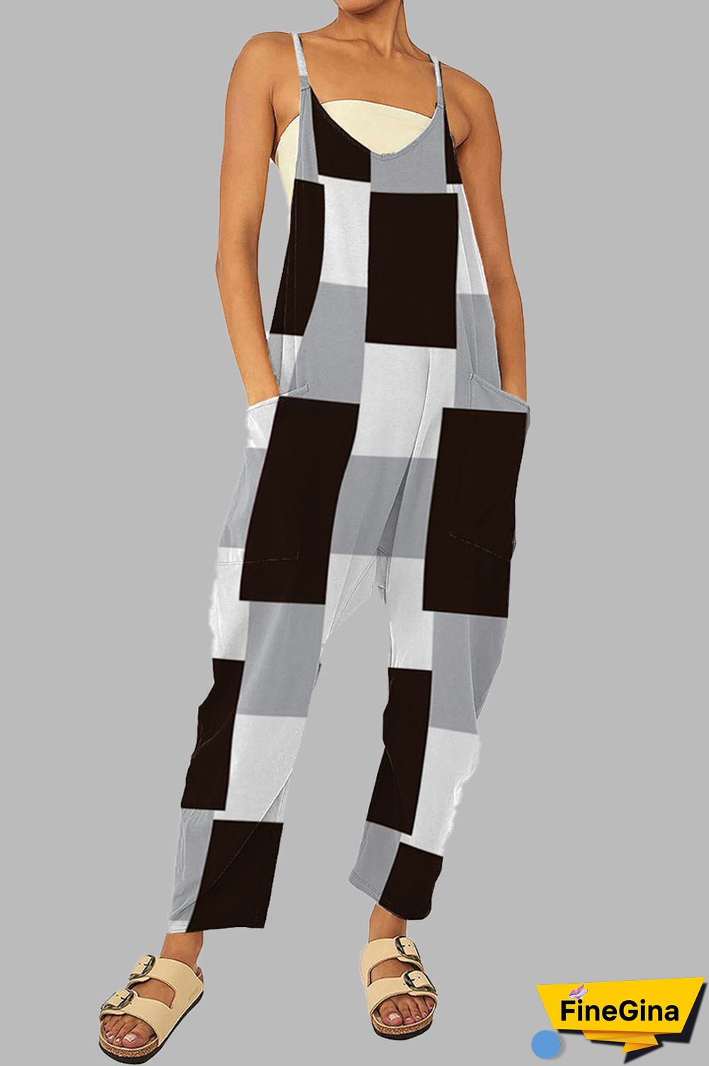 Black khaki Casual Gradual Change Print Patchwork Pocket Zipper Spaghetti Strap Loose Jumpsuits