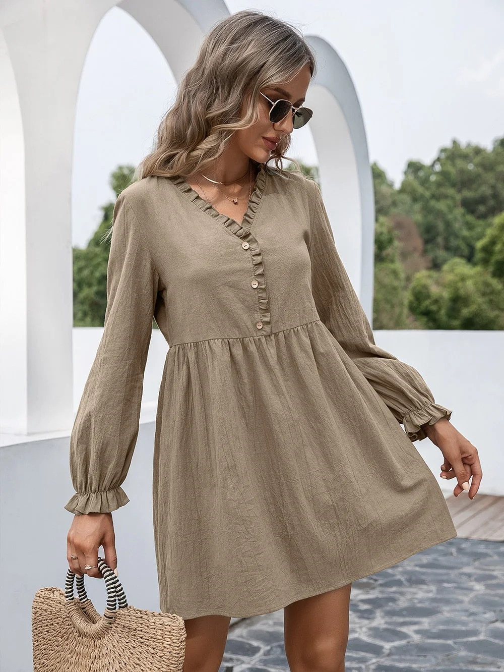 Women Vintage Front Button Ruffled A-line Dress Lantern Sleeve Deep V neck Solid High Street Mini Dress 2021 Autumn New Dress