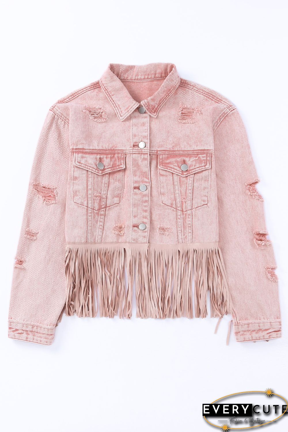 Pink Distressed Fringed Cropped Denim Jacket