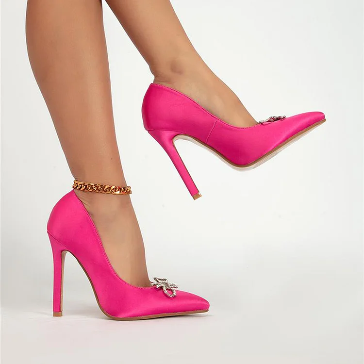 Pointy Satin Shoes Stiletto Bow Heels Metal Chain Ankle Strap Pumps |FSJ Shoes